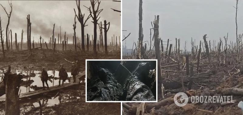 Выжженная земля и полметра воды в окопах: в сети показали свежие фото из Бахмута и кадры времен Первой мировой войны